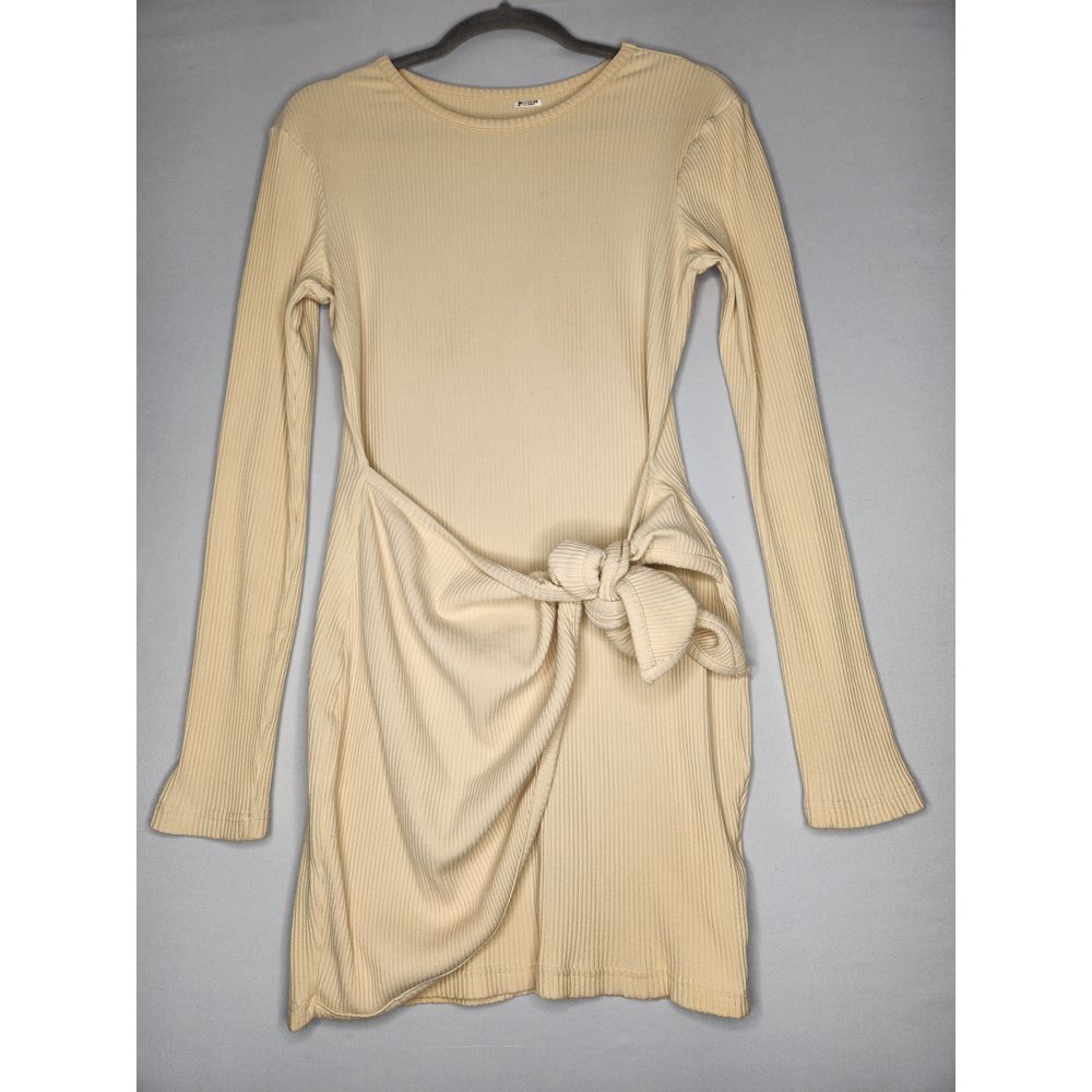 Revolve Superdown Mini Dress Med‎ Tan Ribbed Wrap Bodycon Long Sleeve